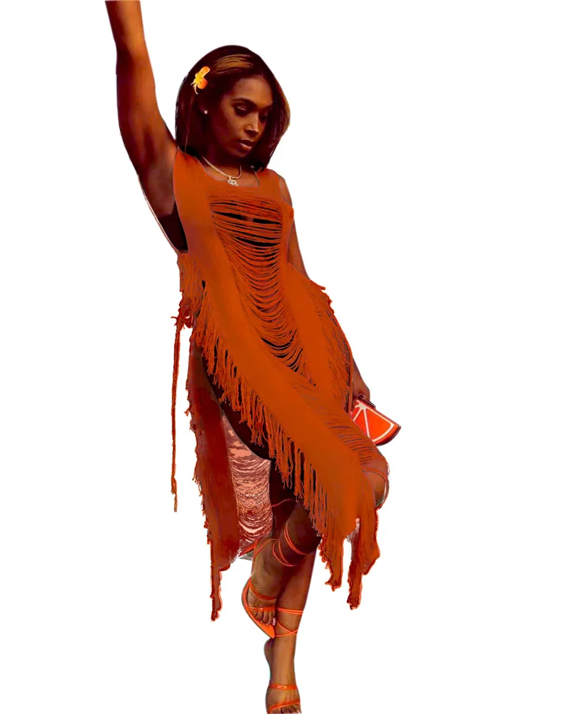 XXL Seksowna Prześwitująca Sukienka Plażowa z Frędzlami i Rozcięciem na Boku Dzianinowa Damska Ażurowa Sukienka na Bikini Szydełkowa Letnia Damska Bluzka Boho Strój Kąpielowy