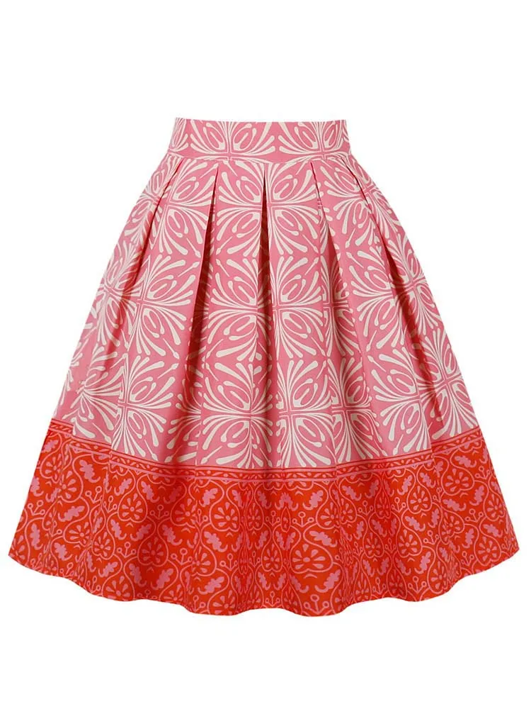 Floral Pleated Short Skirt For Women Summer Vintage High Waist Midi Skirt Female Vacation