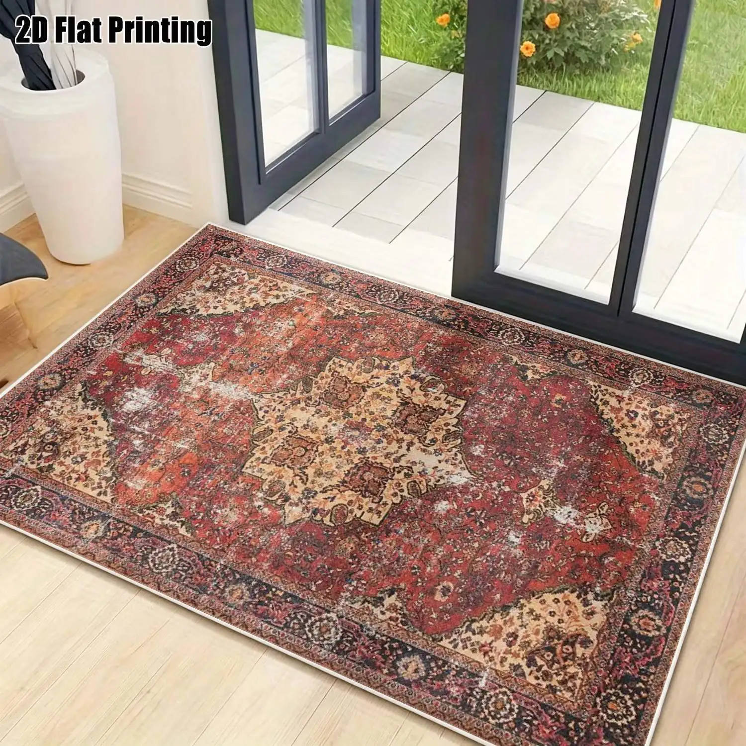 1Pc 2D Printed Velvet Carpet, Red-Brown Retro Geometric Pattern, European Bohemian Style, Machine Washable, Multi-Size, Home Decor Mat