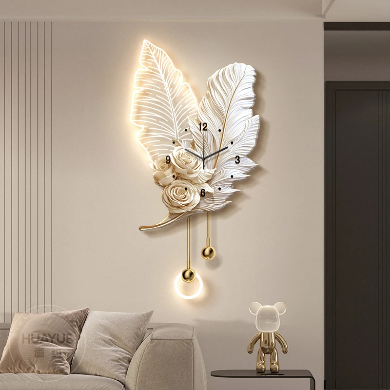​Feather Design Wall Clock With LED Lighting Luxury TV Background Art For Living Room Contemporary Wall Decor
