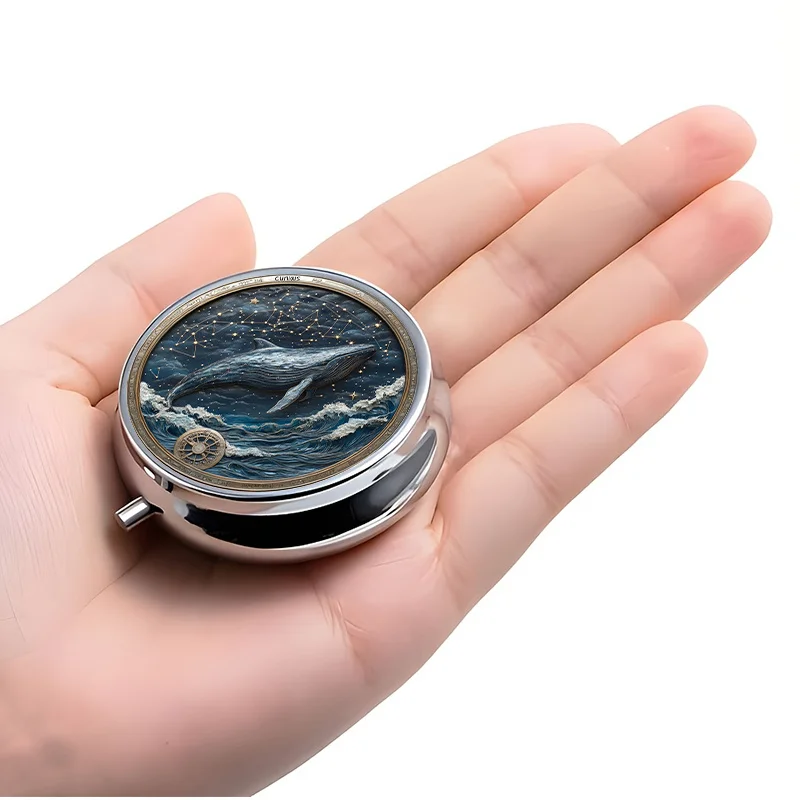 A Single-Layer Wallet-Sized Pill Box with a Cosmic Whale Design and Three Compartments This Mini Decorative Storage Box Is Perfect for Storing Vitamins and Can Easily Fit into a Purse or Wallet, Making It a Great Travel-Friendly Gift.