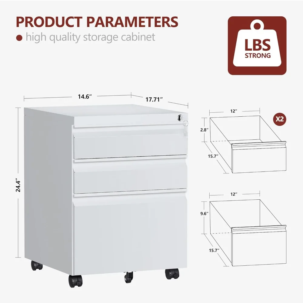 Secure Rolling Metal File Cabinet with Lock, Mobile Under Desk Storage for A4/Letter Size Documents