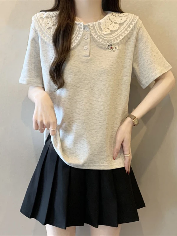 

Lace Doll Collar Short Sleeve T-Shirt Women Summer New plus Size Embroidery Anti-Aging Top Korean Style Loose Fit Commute Wind