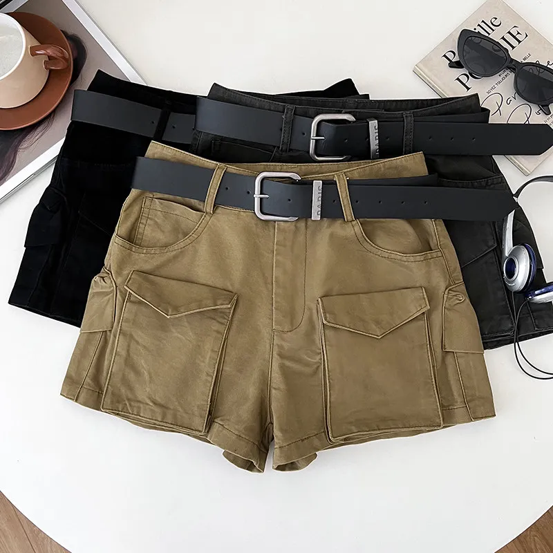 Women Khaki Cargo Shorts 2000s Y2k Gyaru Shorts With Belt American Vintage High Waist Hot Pants Fashion Clothes for Women Summer