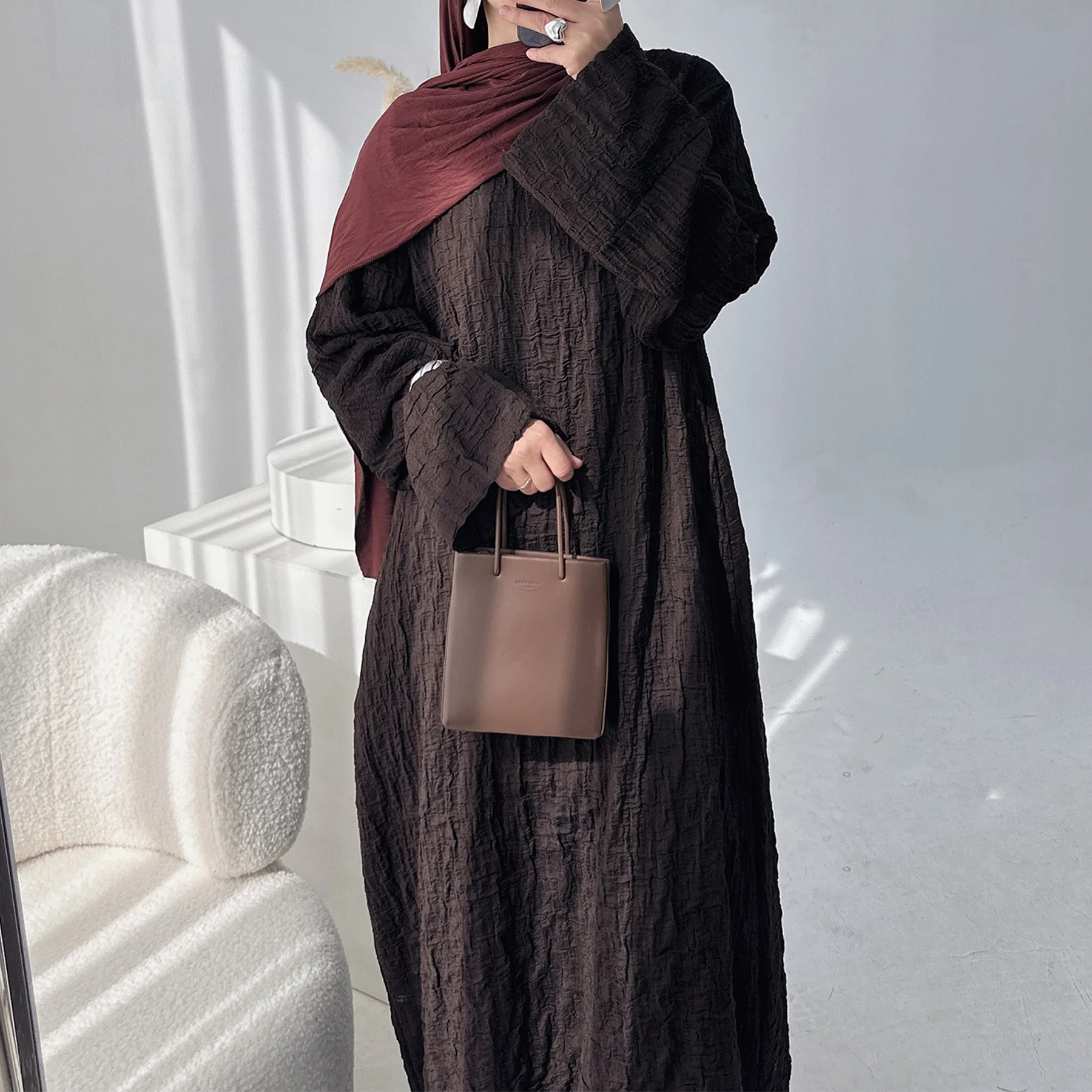 

Ramadan Eid Luxury Bubble-textured Double-faced Jacquard Closed Abaya Dress, Wide Sleeves Side Pockets Islam Muslim Women Robe