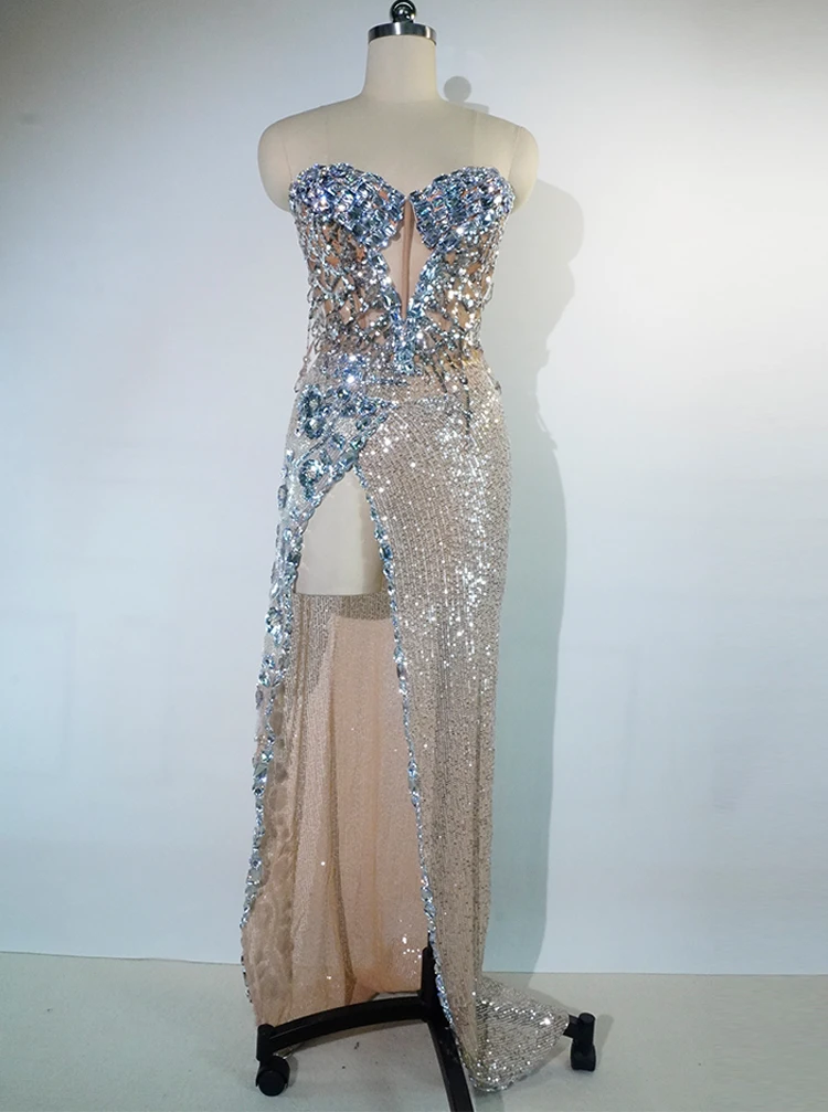 

Exclusive Sparkling Rhinestone Evening Gowns Sequins And Beads Formal Party Stage Performance Costumes Dancer And Singer Outfits