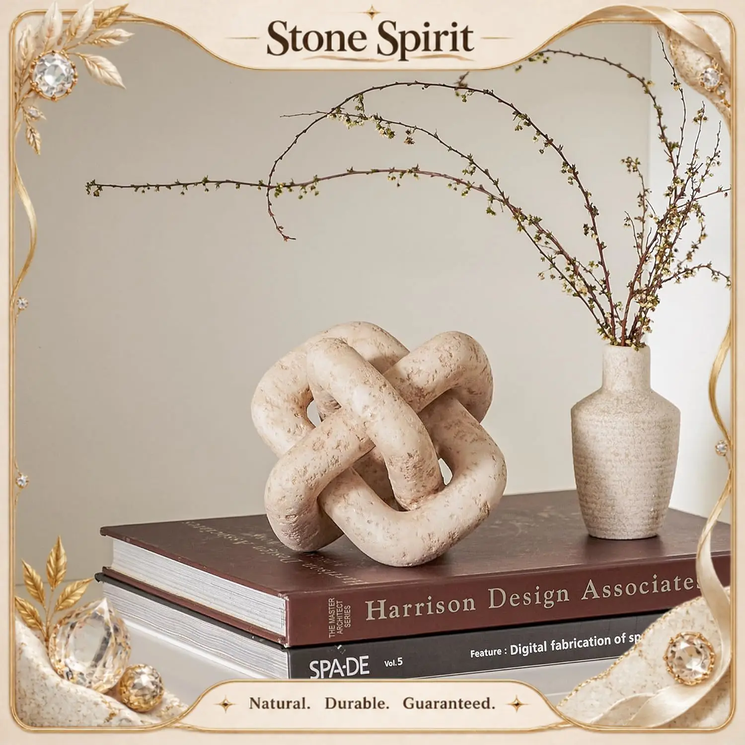 3 Link Knot Decor Beige Travertine Chain Link Objects for Home Living Room Farmhouse Bedroom Shelf Entryway Coffee Table