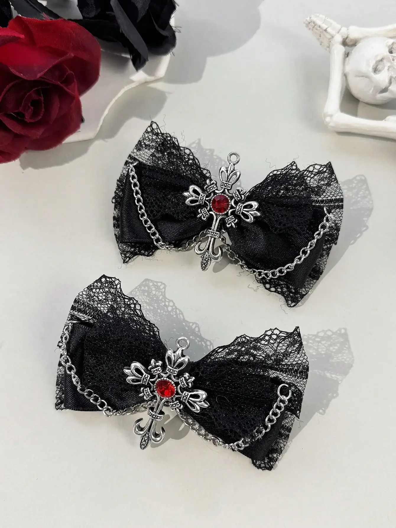 

2pcs Gothic Style Lace Ribbon, Dark-Colored Cross Chain Hair Clips & Accessories, Suitable For Holiday Outfits And Daily Wear For Gothic Fashion Enthusiasts,Summer,Travel, Head Accessories