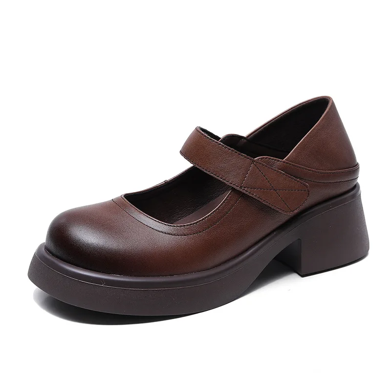 

Fashion Middle Heel Women Pumps Genuine Leather Square Heel Round Toe Buckle Strap Solid retro Shoes For Woman Brown