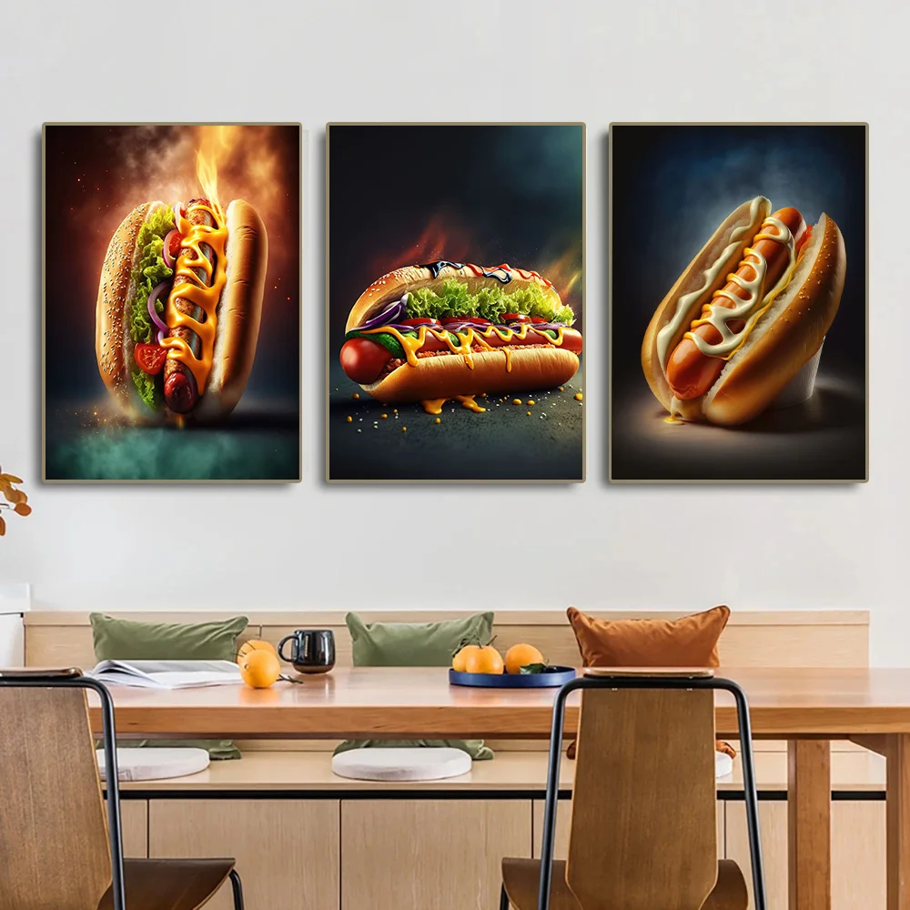 Delicious Food Hotdog Hamburger Cheese Vegetable Beef Poster Print Wall Art Pictures Canvas Painting Living Room Home Decor