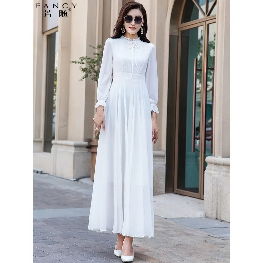 Red Chiffon Long Sleeved Dress for Women\'s Spring and Summer New Style Temperament Long Skirt with High-end Feel White Retro