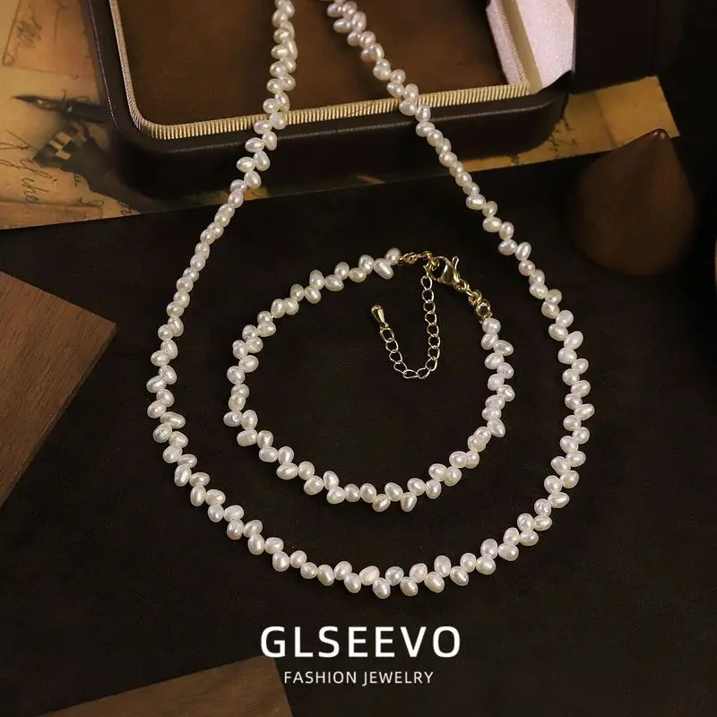 Design Natural Freshwater Pearl Rice Stalk Necklace Bracelet Set A Fashionable And Versatile Jewelry Piece