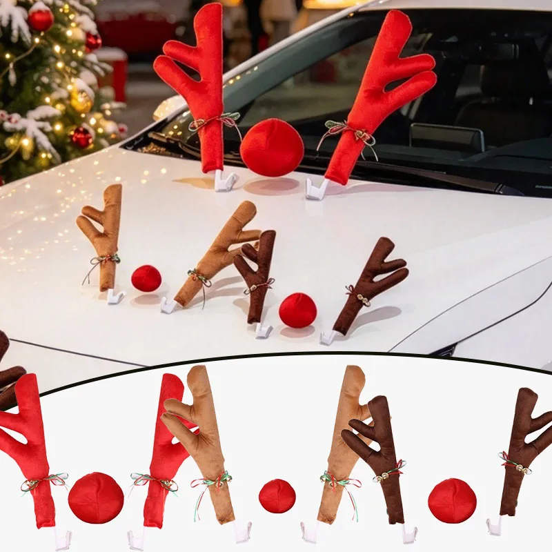 1-2PCS Rudolph Reindeer Antlers Red Nose Car Decoration Set Christmas Costume Accessory Holiday Party Decoration Supplies