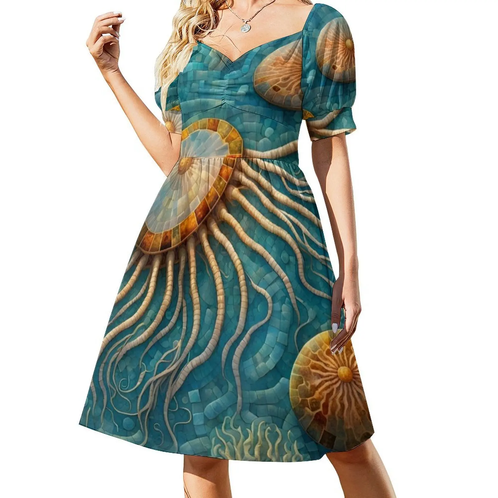 فستان قنديل البحر فسيفساء بوهيمي بدون أكمام للنساء مطبوع فساتين حفلات الشاطئ قنديل البحر فسيفساء تحت الماء المحيط الأزرق الإناث #2