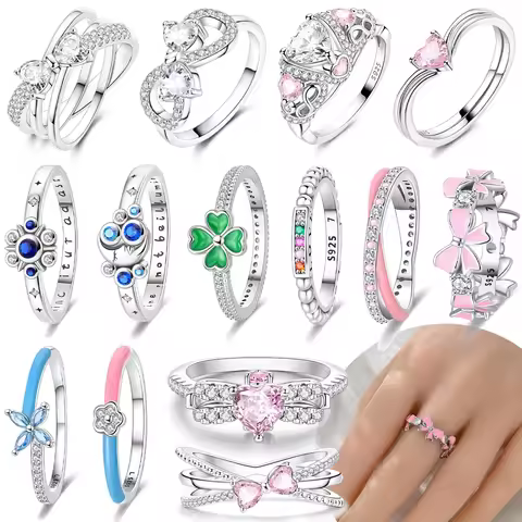 Original Pink Heart Zircon Butterfly Knot Ring Four Leaf Clover Blue Moon 925 Silver Valentine's Day Gift Accessories Jewelry