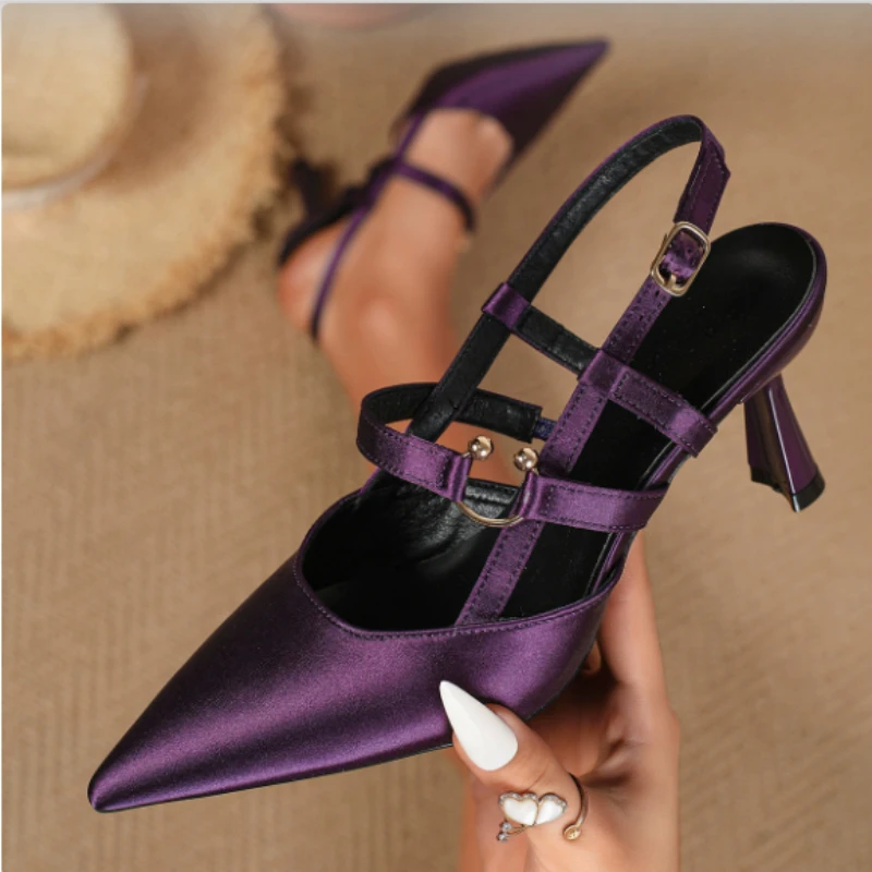 

Women's Pointed Toe High Heel Sandals Elegant Purple Bow Slingback Shoes Summer Versatile Mid Heels Ladies Party Wedding Pumps