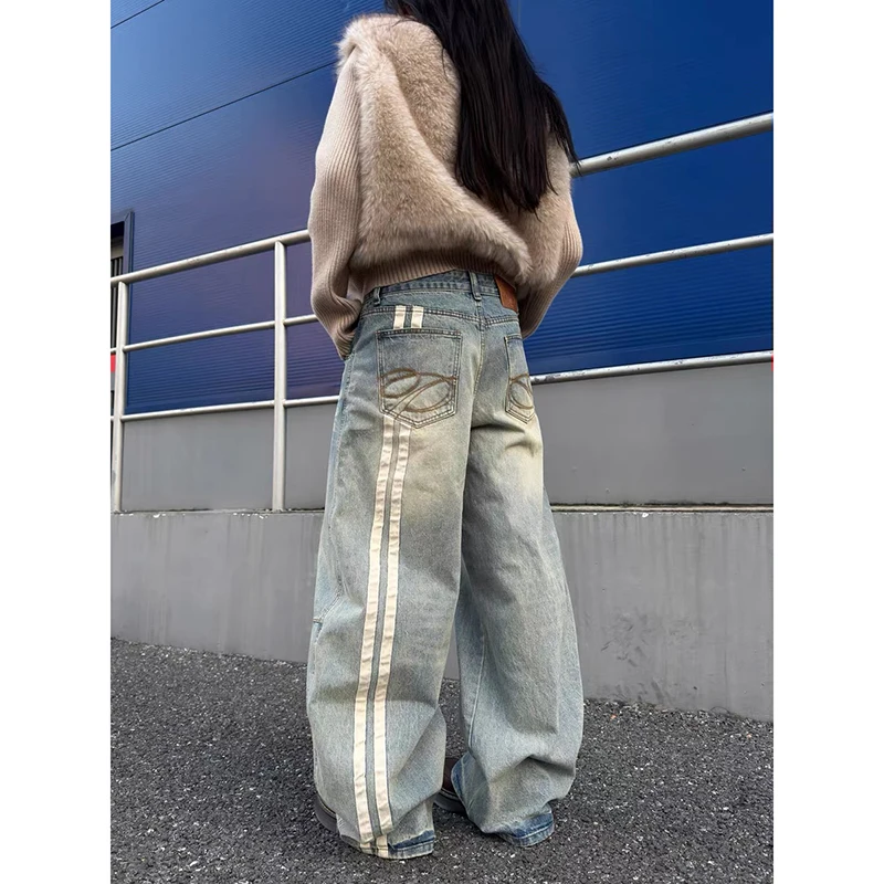 

ZHIZOU женские винтажные синие мешковатые джинсы Y2k Harajuku с вышивкой и принтом, джинсовые брюки, уличная одежда, японские брюки оверсайз 2000-х годов