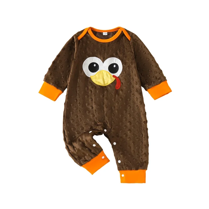 

Baby Thanksgiving Velvet Romper Turkey Embroidery Long Sleeve Crew Neck Overalls for Fall Winter