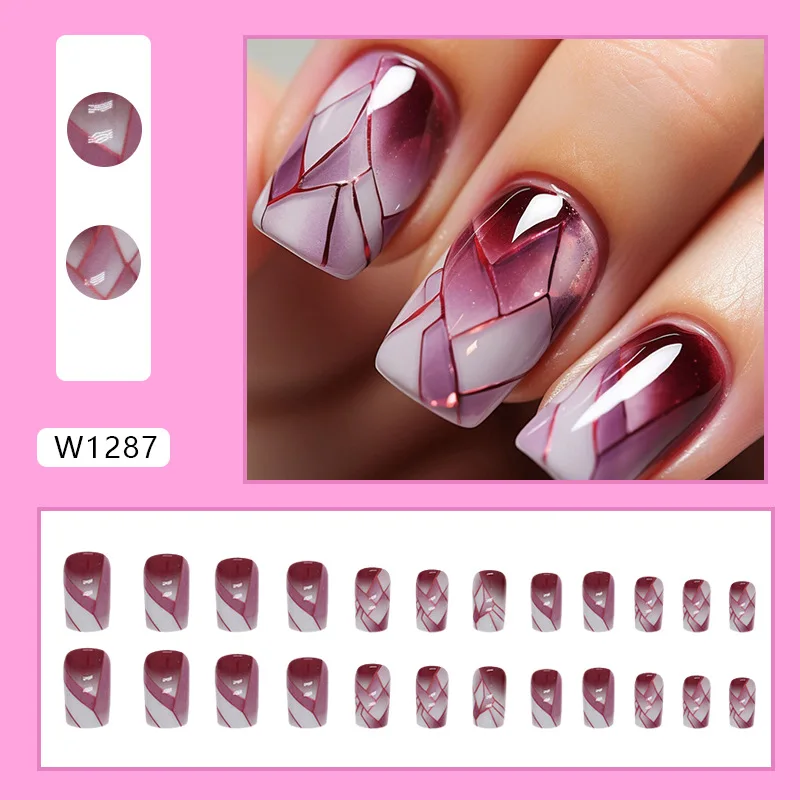 24Pcs Medium Long Square Press-On Nails in European Wine Red with Broken Crack Glass Effect False Nail Tips for Wearable Nail Ar