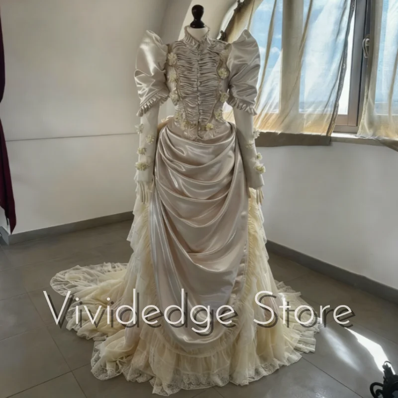 

Викторианские винтажные свадебные платья по индивидуальному заказу, исторические свадебные платья с длинными рукавами и высоким воротом, средневековые женские свадебные платья, вечерние платья