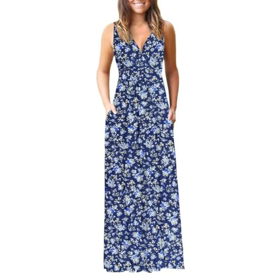 AUSELILY Women's Sleeveless Formal Dress Deep V Neck Loose Plain Cocktail Long Maxi Dresses with Pockets 2026 New