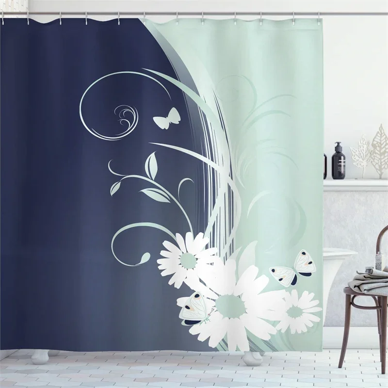 Gradient Shower Curtain Liner, Flying Butterflies, Chamomile, Nature Style Fabric, Waterproof Bath  with Hooks