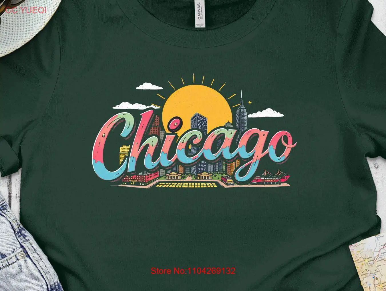 Colorful Chicago Skyline T Shirt Cityscape Bold Architecture Trendy Urban Design Fun Vacation Souvenir