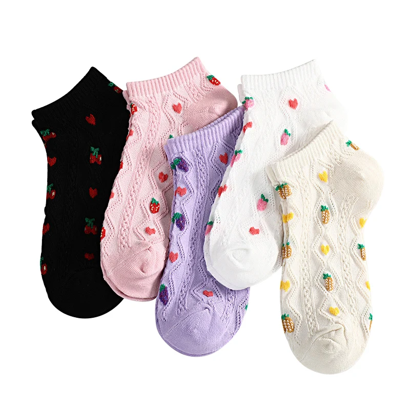 5 Pairs Women Socks Spring Summer Fruit Pattern Breathable Cotton Ankle Socks Lovely Girls Shallow Mouth Socks Short Tube Socks