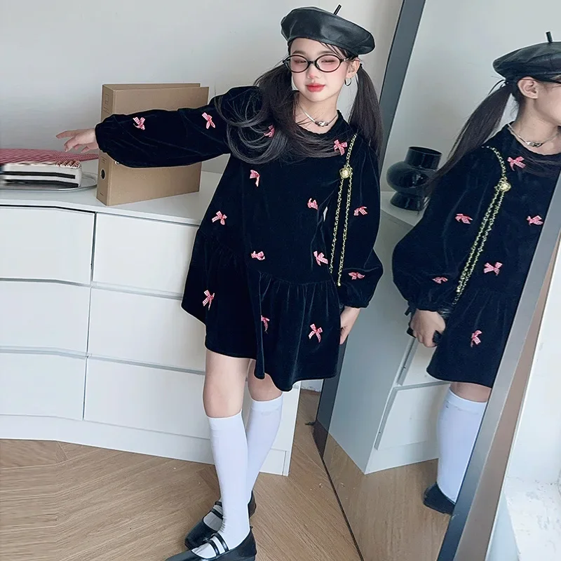 Girls' Black Velvet Dress Spring and Autumn 2024 Spring and Autumn New Butterfly Bow dress Korean Version Princess dress