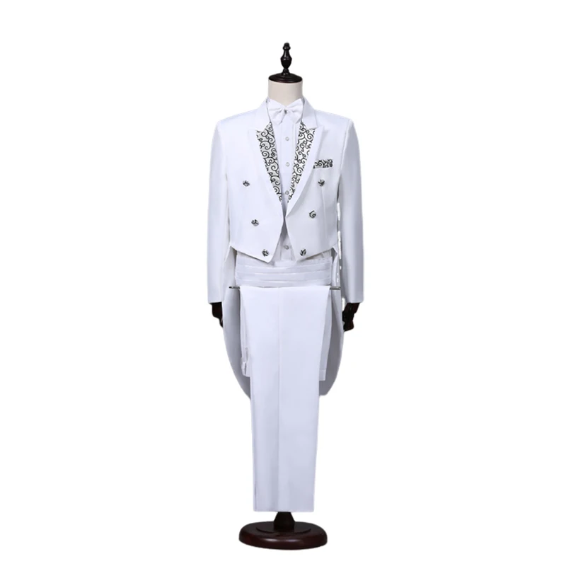 Tailcoat Suits Men Vest Jacket White Tail Coat Chorus Tuxedo Floral Stage Costume Singer Performer Magician Host Outfits