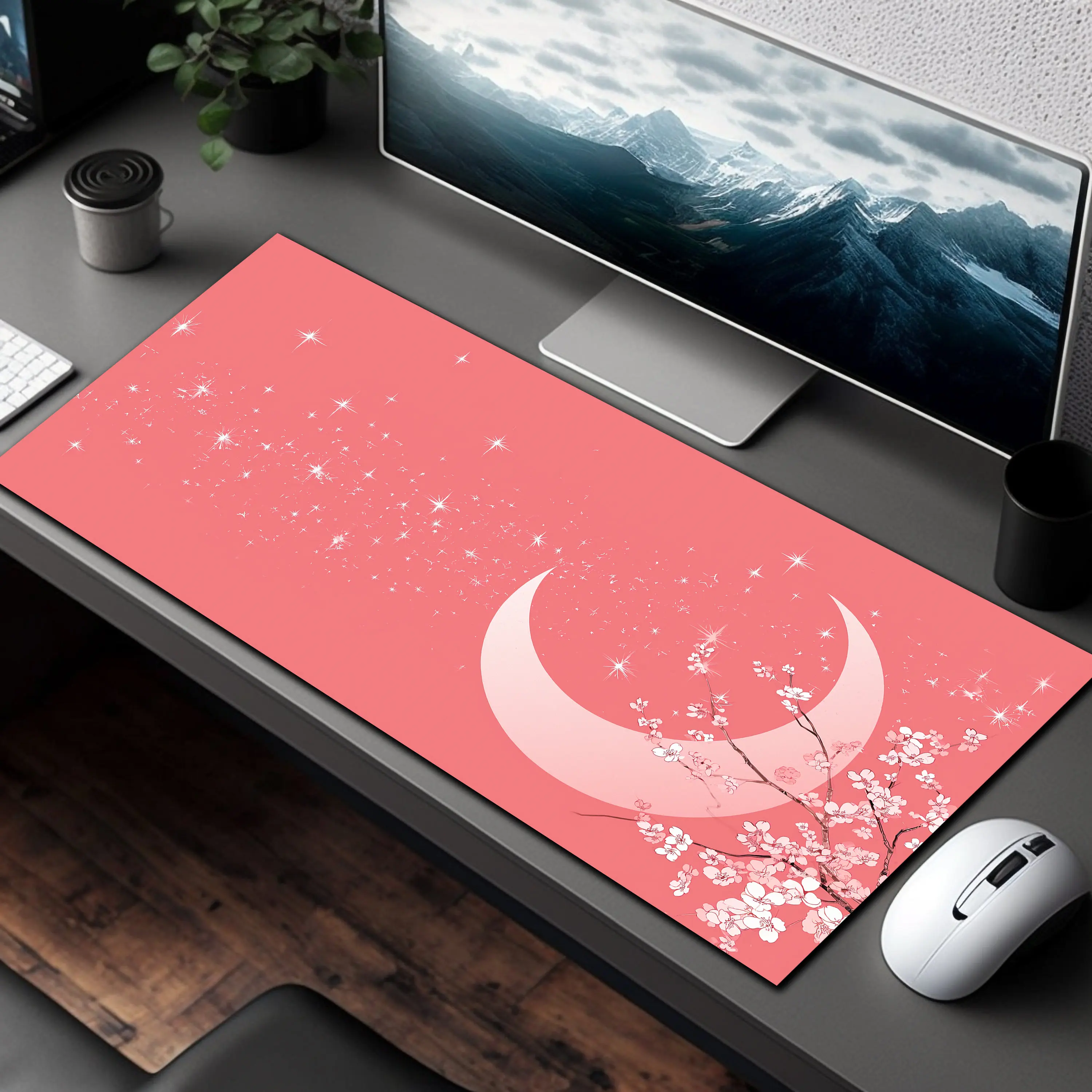 

Light Pink Moon and Cherry Blossom Minimalist Desktop Decoration,XXL Moon Desktop Decor, Cute Mouse Pad, A Gift for Her.