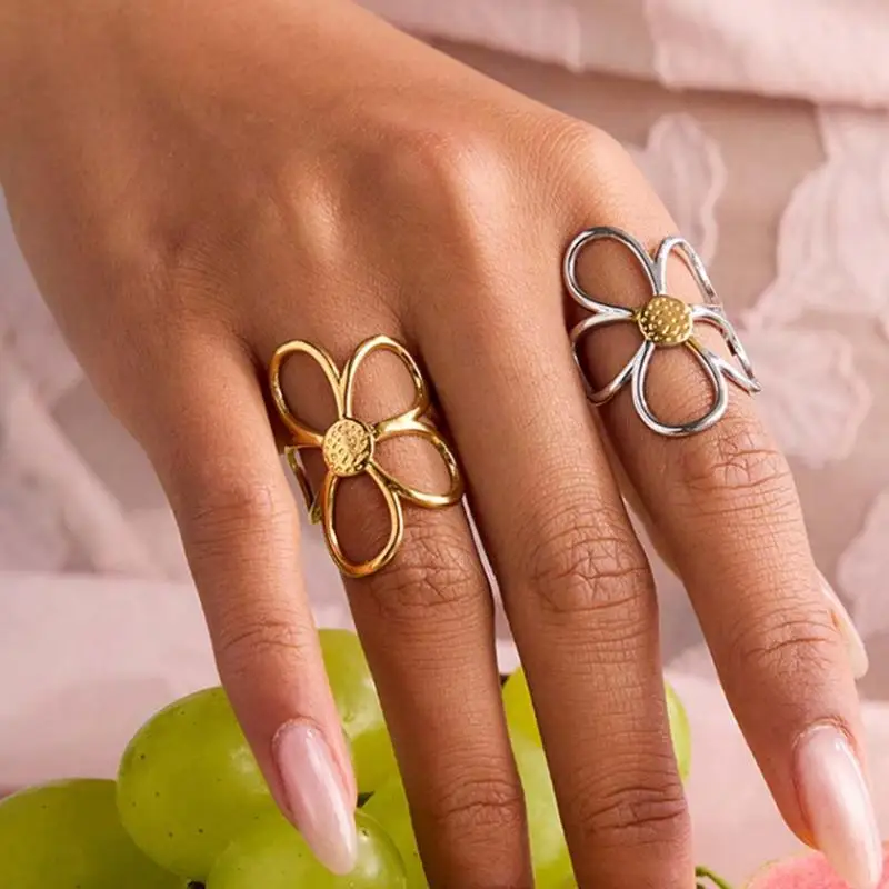 Stainless Steel Flower Adjustable Opening Rings 18k Gold PVD Plated Waterproof Finger Jewelry For Women Wedding Exquisite Gifts