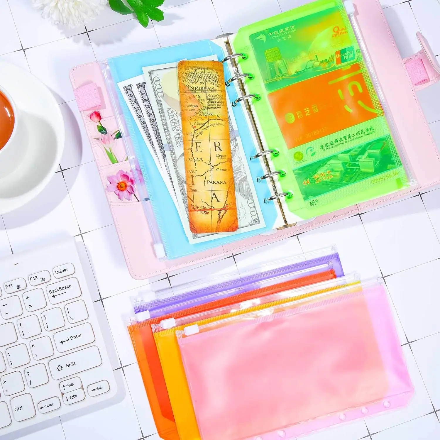 Carpeta A5 A6 con cremallera, bolsillos, carpeta económica de 6 agujeros con sobres para efectivo, bolsa de hojas sueltas de PVC, bolsa impermeable, 6 uds.