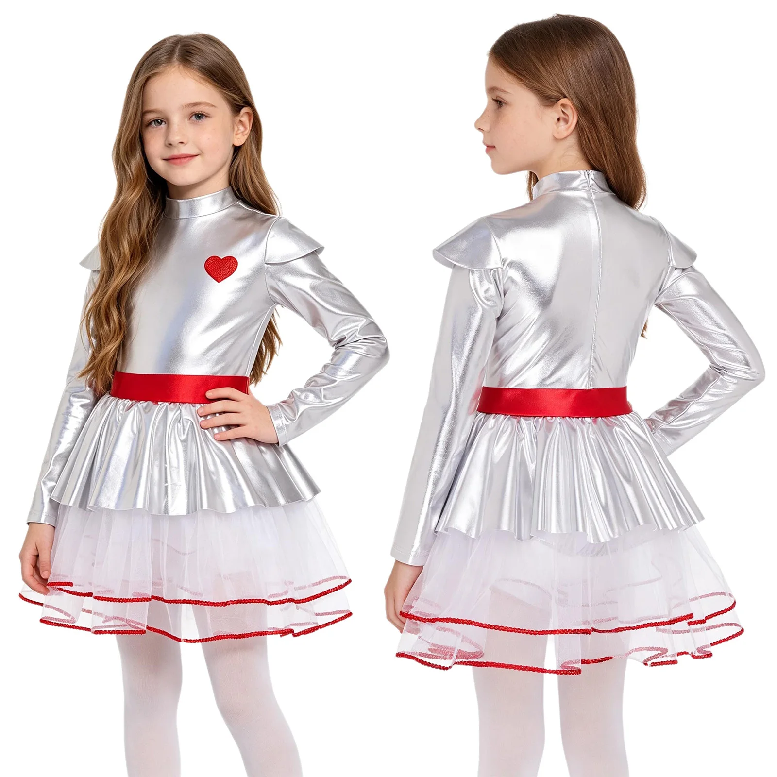 Kids Girls Purim Party Fancy Dress Up Costume Long Sleeves Metallic Ballet Disco Jazz Dance Tulle Tutu Dress Performance Outfits