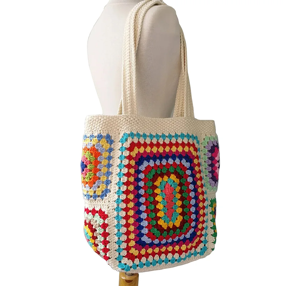 DIY Hand Crochet Latest Popular Bohemian Style Knitting Grandmother Check Shoulder Slung Bag for Girls.