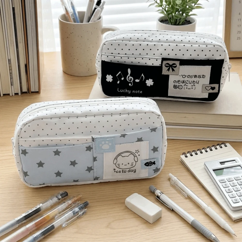 New Polka Dot Cat Pattern Pencil Case Cream Color Large Capacity Multi-Layer Pen Bag Stylish Cute Stationery Organizer Students