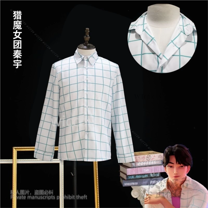 Anime K-POP Movie Demon Hunters Superstar Jinu Plaid Shirt Pink Linner T-Shirt Cosplay Costume Jinu Halloween Party Handmade