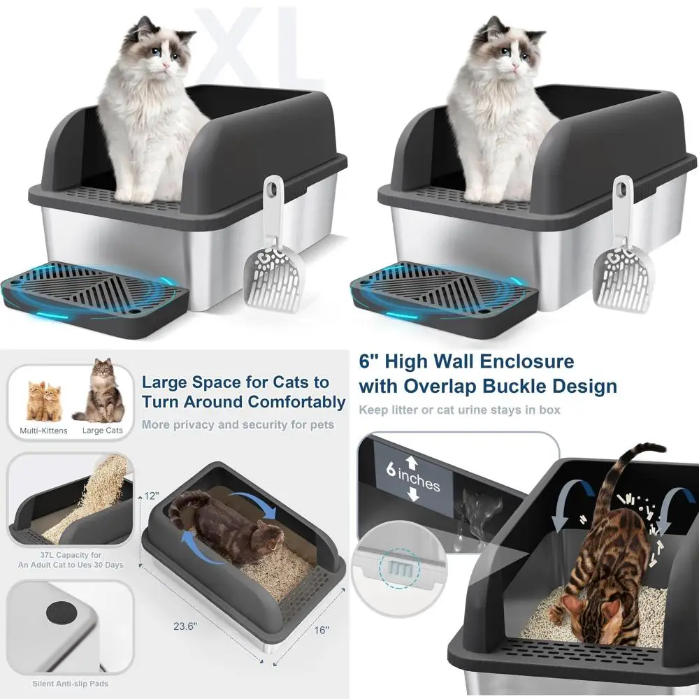 

Extra Large Enclosed Stainless Steel Litter Box for Big Cats - XL Metal Pan with High Walls, Easy Clean, Anti-Leak, Non-Stick (C