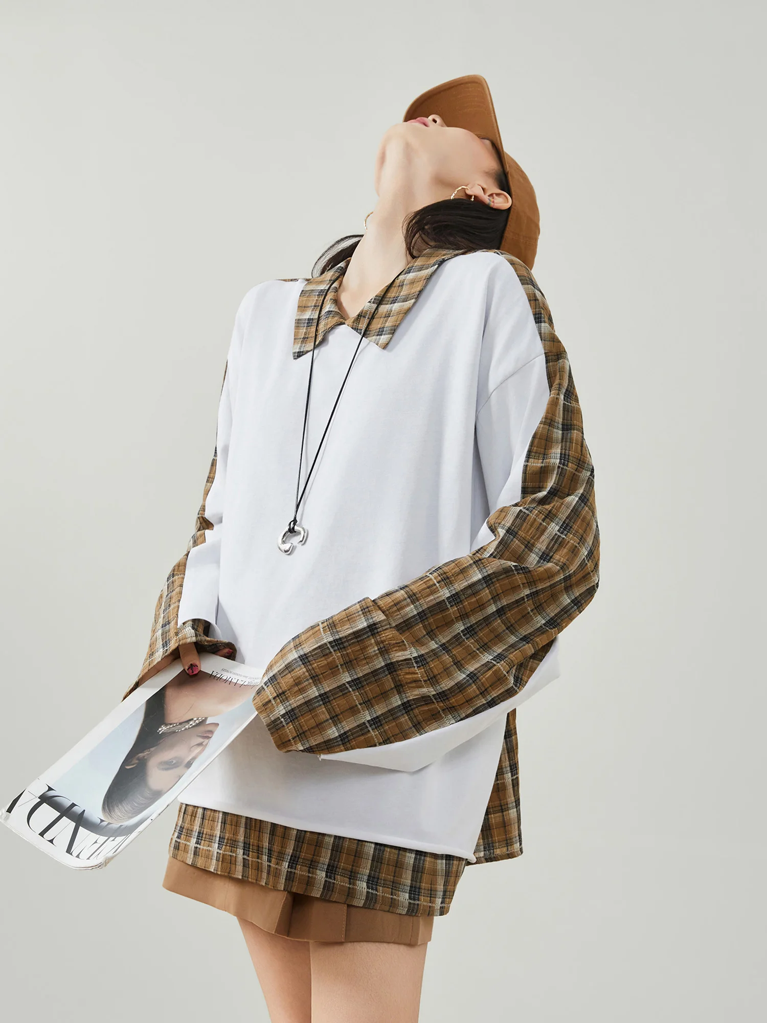 

Свободный крой, клетчатый лоскутный свитшот с длинными рукавами, женская тонкая универсальная кофта в стиле lazy style, модная куртка из полиэстера