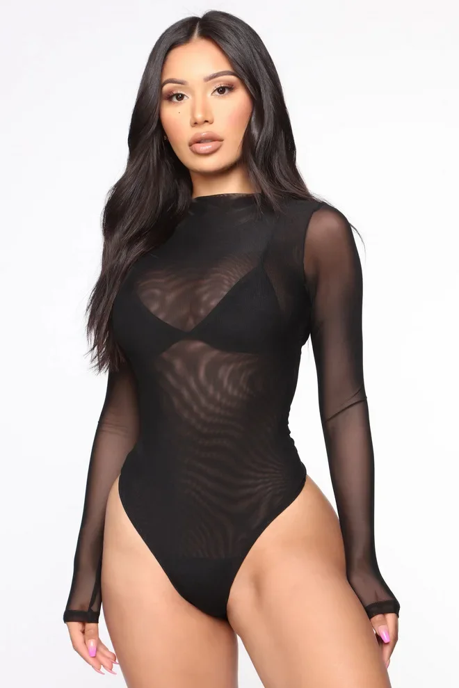 Sexy Women T Shirt See Through Transparent Mesh Tops Long Sleeve Sheer Slim Ladies Fun Jumpsuit T-Shirt