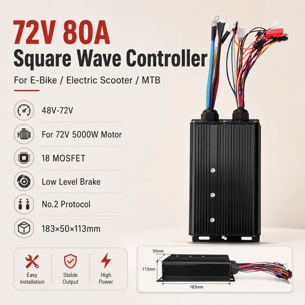 72V 80A Rechteckwellen-Controller für E-Bike Elektroroller MTB Lithium-Batterie-Umrüstung Passend für 72V 5000W Motor