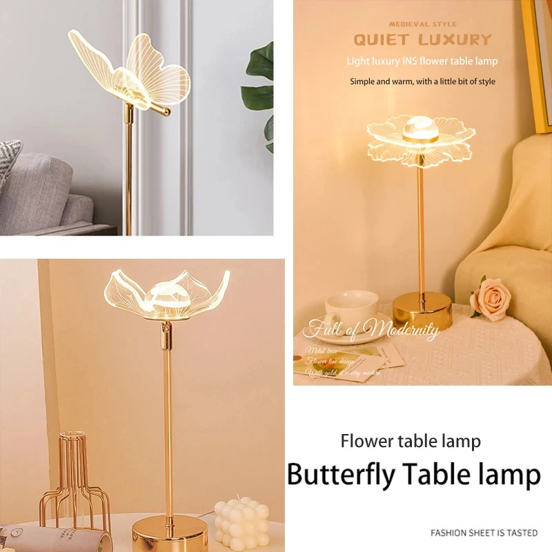 Table Lamp Retro Gold Acrylic Butterfly LED Desk Lamp Hotel Villa Art Decorative Lighting Living Room Bedside LED Night Lights