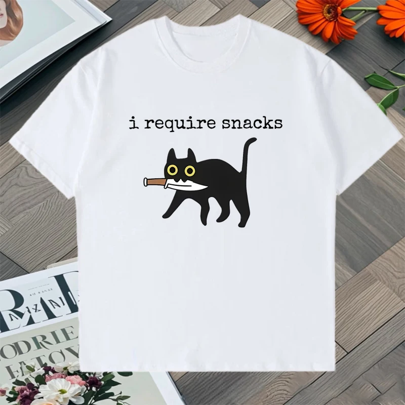 

I Require Snacks Graphic Tee shirt Trend Funny Black Cat Summer Cotton short sleeve T-shirts Streetwear Men Women Clothes Unisex