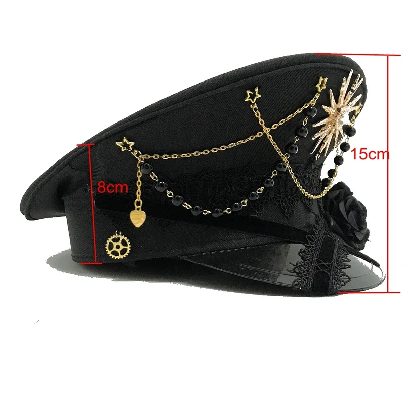 Chapeau militaire Lolita gothique pour femme, casquette femme, croix noire, marin, capitaine, plat, steampunk