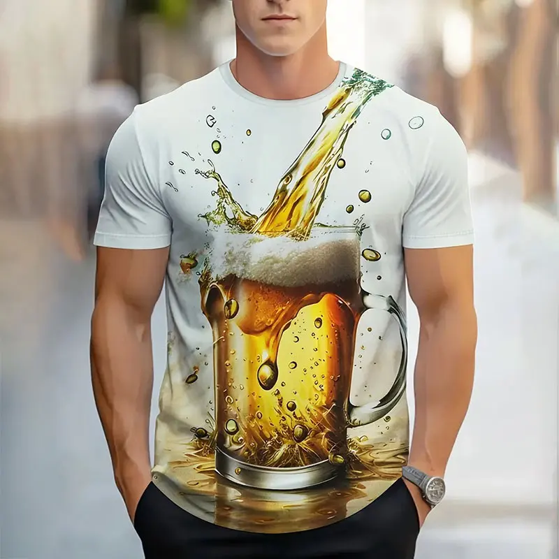 Summer Fashion New Men's Short Sleeve T Shirt Casual 3d Beer Pattern Printed Round Neck Short Sleeve Top Home Rave Party T Shirt