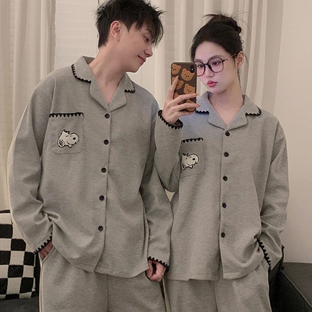 Cartoon Women Men Snoopy Couple Pajama Set Lapel Waffle Long Sleeves Pant Fashion Casual Loungewear Soft Sleepwear Spring Autumn