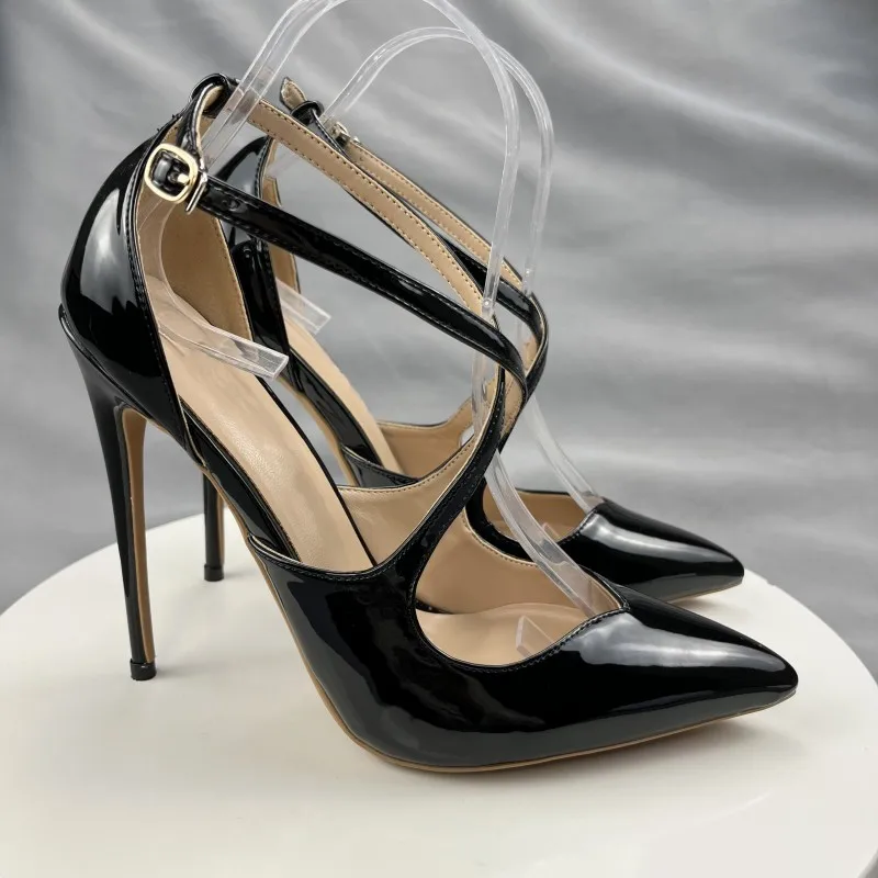 Tikicup Glossy Black Cross Strap Women Pointy Toe High Heel Shoes Front V Cut Stiletto Pumps for Party Colors Customize