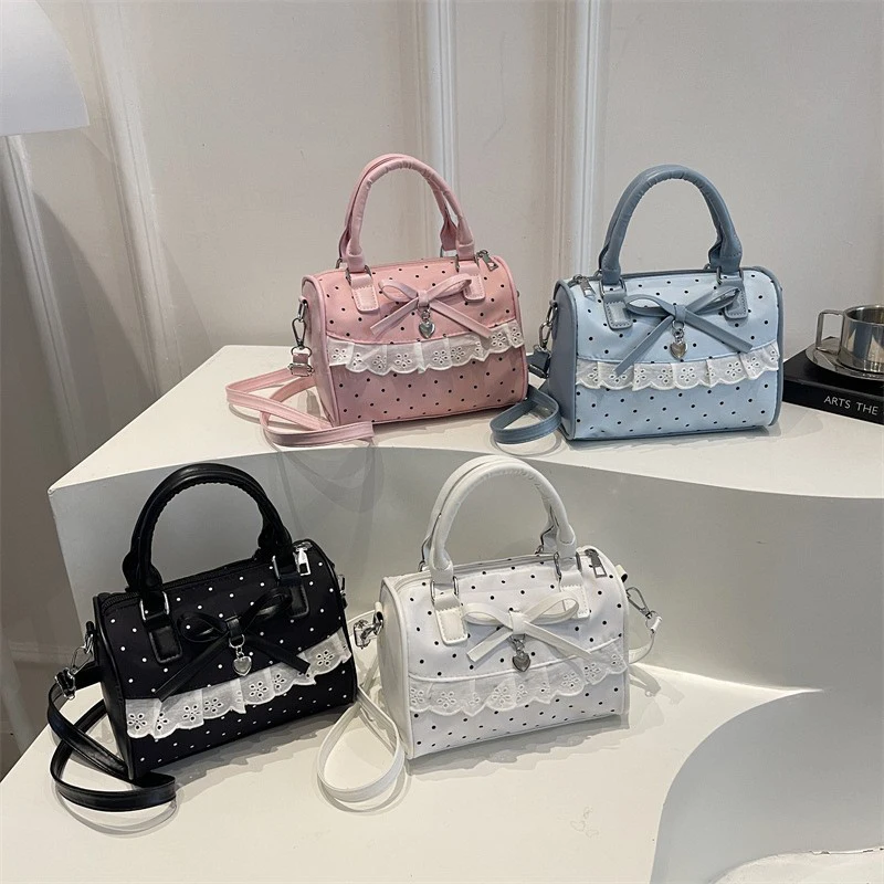 Koreanische Bogen Polka Dot Tasche Mode Bowler Tasche Farbe-blockiert Spitze Y2k Stil Handtasche Retro Süße Plaid Crossbody Zipper schulter Tasche – Detail 28