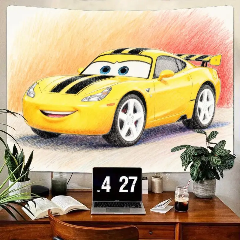 

1PC Cute Yellow Cartoon Race Car Tapestry Modern Polyester Wall Art Kids Bedroom Living Room Dorm Decor Gift for Car Fans