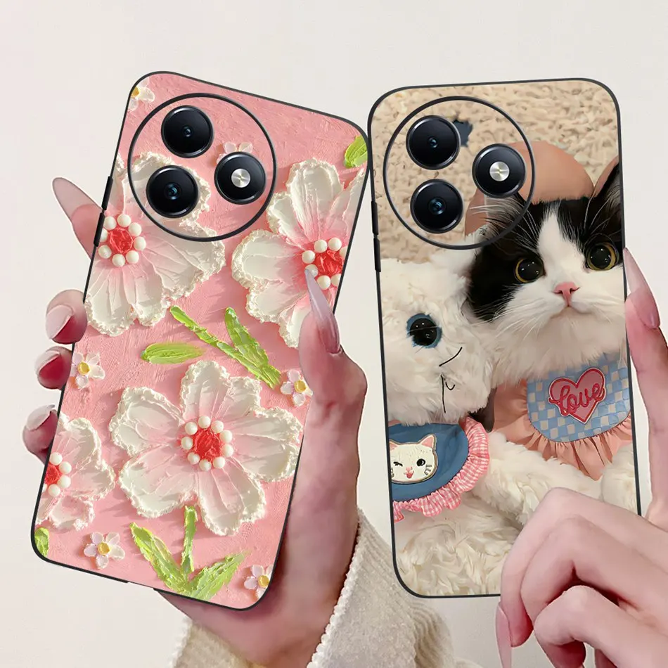 Für ITEL S24 Handyhülle Itel S667LN itelS24 Elegante florale Katze, schwarz lackiert, Silikon, weiche TPU-Hüllen